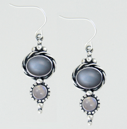 Sterling Silver Drop Dangle Earrings With Grey And Rainbow Moonstones